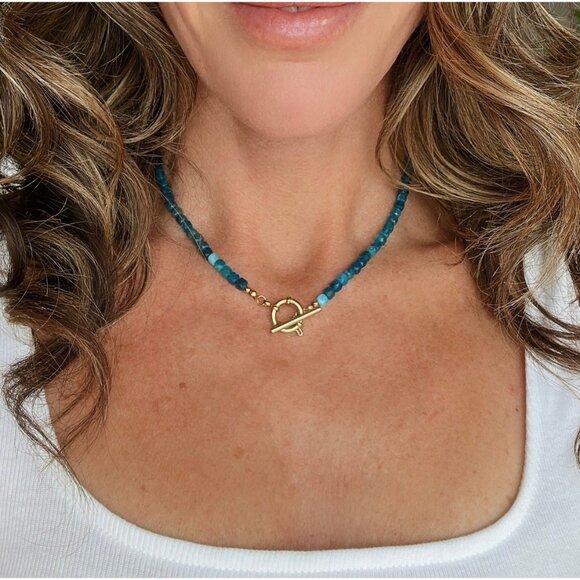 Blue Apatite Gemstone Necklace Gold Toggle Clasp Removable Baroque Pearl - Picture 12 of 12